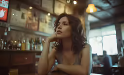 the woman is posing in front of the bar