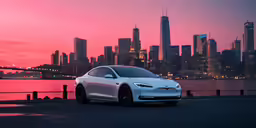 a white car is parked by a city bridge