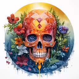 a large painting of a skull with flowers around it