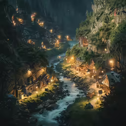 some houses and lights along a river at night