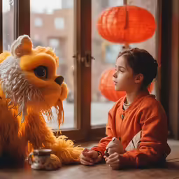 a child sitting next to a large stuffed animal