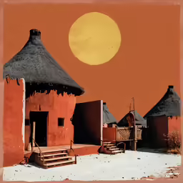 an orange sunset over a desert village and building