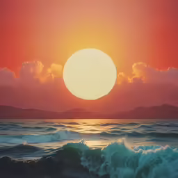 the sun setting over a body of water with waves