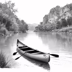 a white canoe is set up in a calm river