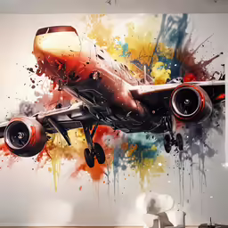 a airplane on the wall with paint splattered around it