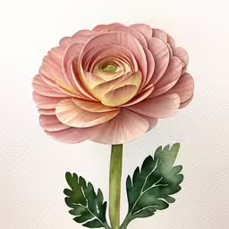 a drawing of a pink flower in watercol paints,this is a large flower with a leaf in the center