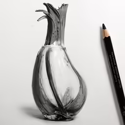 a small glass vase is next to a black pencil