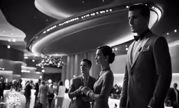 two people in formal clothes are standing with a woman in the middle of the room