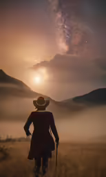 a person walking away with a back pack towards the milky sky