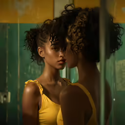 a pair of women stand together in the mirror