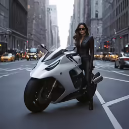 the woman in leather is posing beside her motorcycle