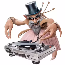 a cartoon character playing a turntable with an ugly hat