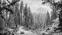 a snowy landscape with many trees in the background