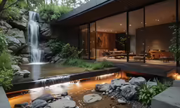 a house with pond and a waterfall in the middle