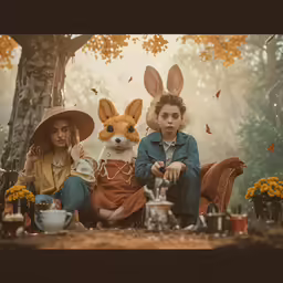 two young ladies in bunny ears are sitting next to a rabbit