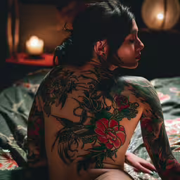 a tattooed girl sitting on the bed and looking away,a woman is laying down with tattoos on her back