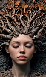 woman with large tree roots on her head in a natural area