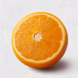 an orange slice that is cut in half
