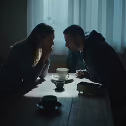 a man and a woman sitting at a table in front of each other