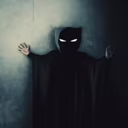 a silhouette with his hands outstretched and eyes glowing