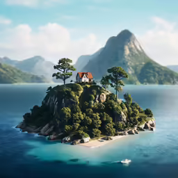 the island has an orange roof and red roof house on it