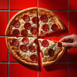 pizza cut into six slices on a red table