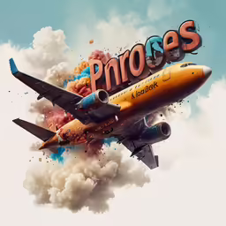 a plane flying through the sky with words on it