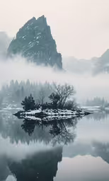foggy morning over a mountain lake and a body of water