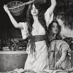 a woman holding a basket on her head while standing next to another man