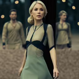 the woman in the dress has blonde hair and is surrounded by four males