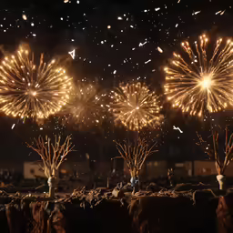 a group of fireworks with a group of people watching
