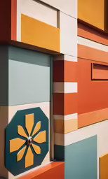 the building is multicolored and has a clock on it