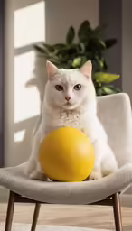 cat sitting on a chair with a big yellow ball in front of it