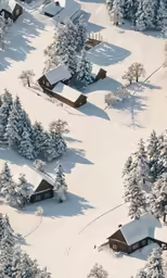 snowy aerial view of lodge nestled among trees