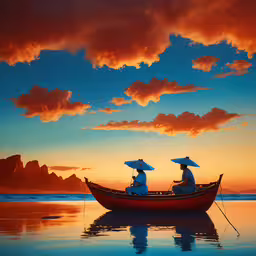 people in a boat on a beautiful sea with sunsets,two people in a boat at sunset on the shore