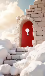 a red door stands open in snow near rocks