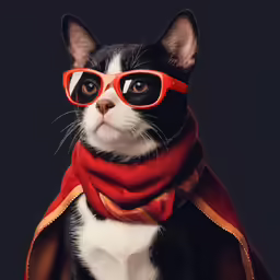 a black and white cat with red shades