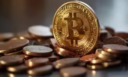 a bitcoin sitting on top of a pile of gold coins