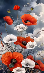 the painting flowers are on a cloudy day