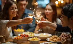 several people sitting at a table with food and drinks