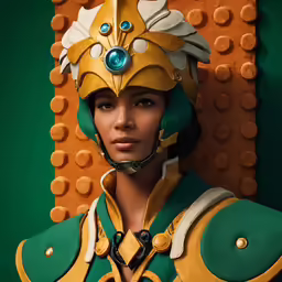 a beautiful young woman wearing a costume made of lego blocks