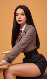 a woman sitting on top of a table wearing a suit and tie