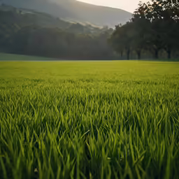 green grass in an open field with trees and mountains