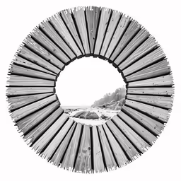 the circular white picture of a wooden structure is featured