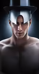man with hat and open mouth wearing silver metal mask