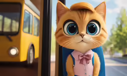 a toy cat next to a bus with blue eyes and blue eyes