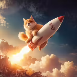 a red and white kitten sitting on top of a rocket in the sky