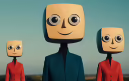 three robot heads dressed in red and blue with the faces of two men