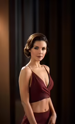 young brunette female in burgundy lingerie posing