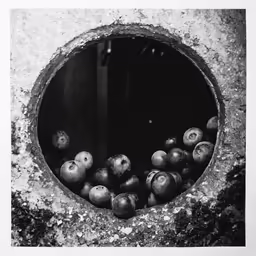 black and white photograph of grapes in an old barrel